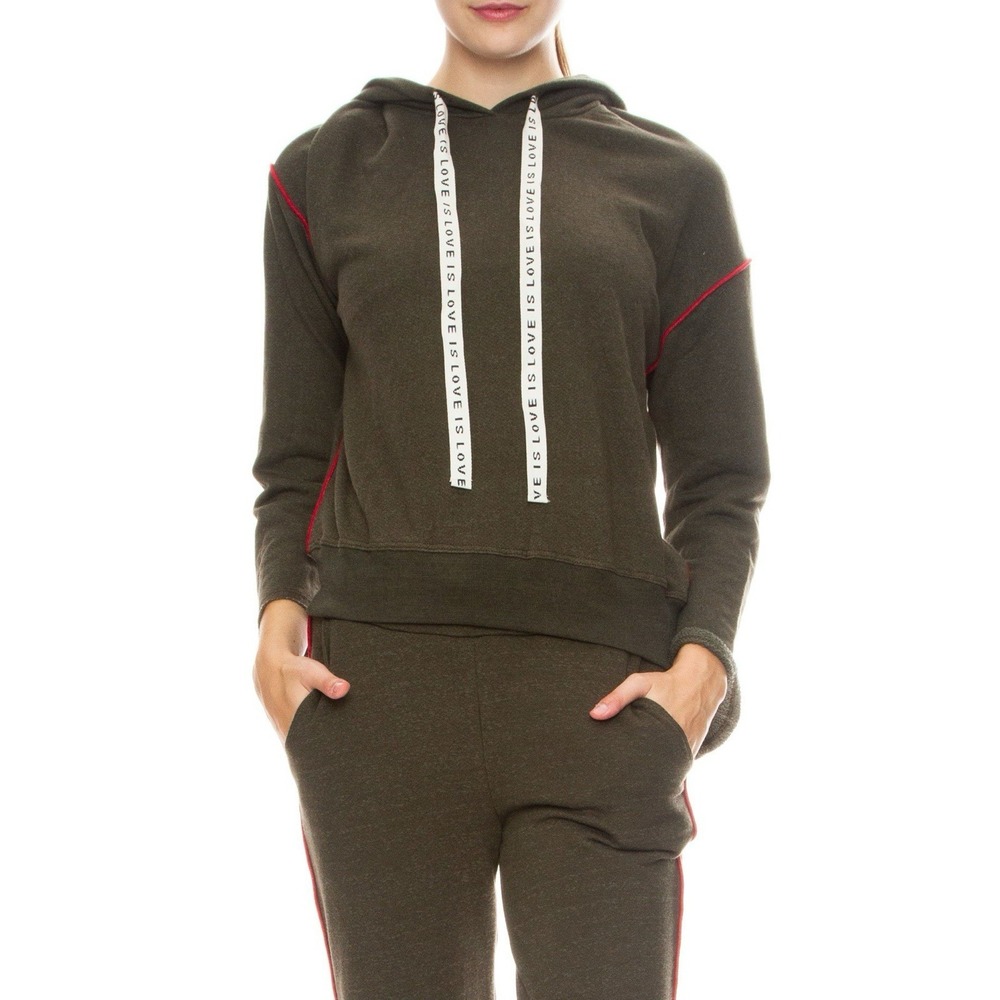 Sundry Love Is Love Drawstring Hoodie Olive Green Red Trim Size Small